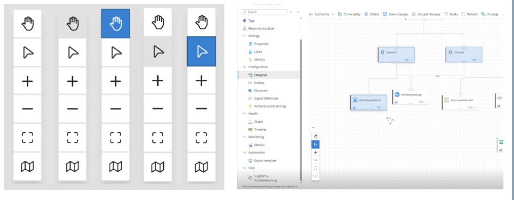 Designer toolbar showing pan and multi-select cursor states with hover and selected styles