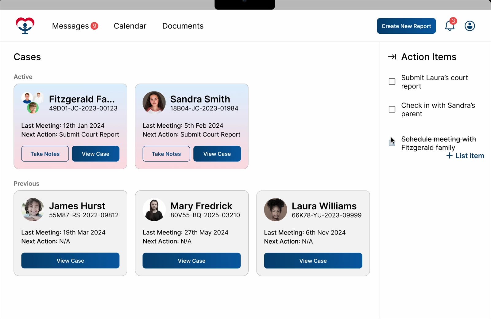 Final prototype homepage with active and previous case cards and a collapsible action items list