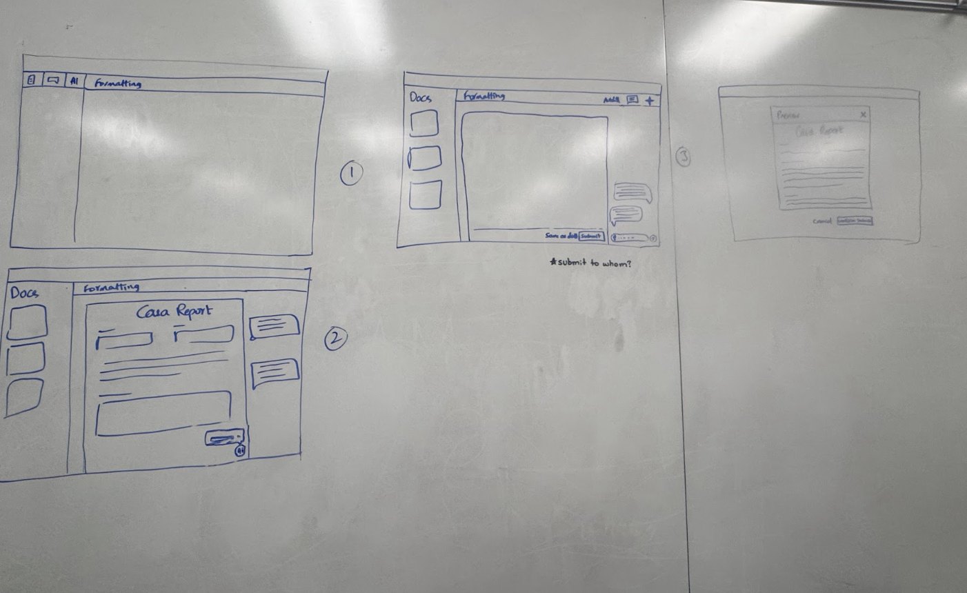 Whiteboard sketches of the report page, an autofill pop-up, and a report preview