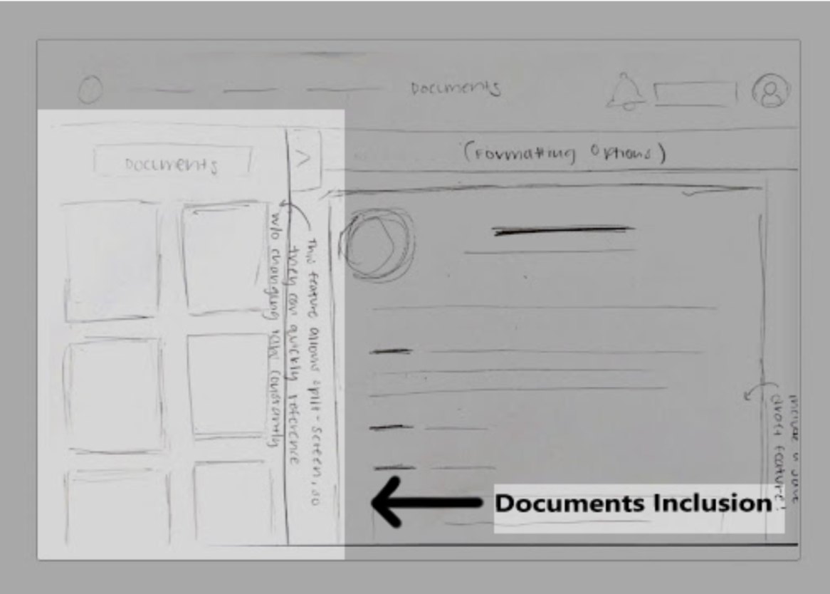 My hand sketch of a split-screen report page with a documents pane
