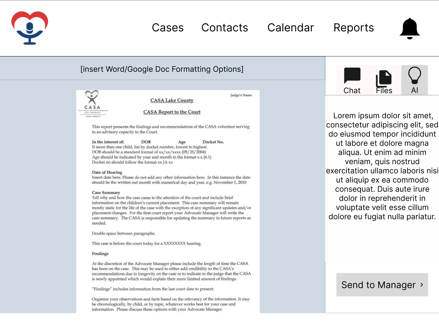 Report page wireframe with a court report beside a Chat, Files, and AI panel